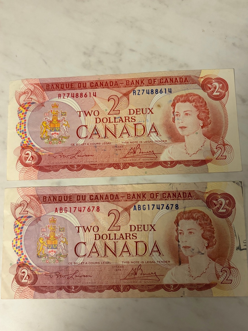 1974 pair Vintage Canada Two Dollar Bills